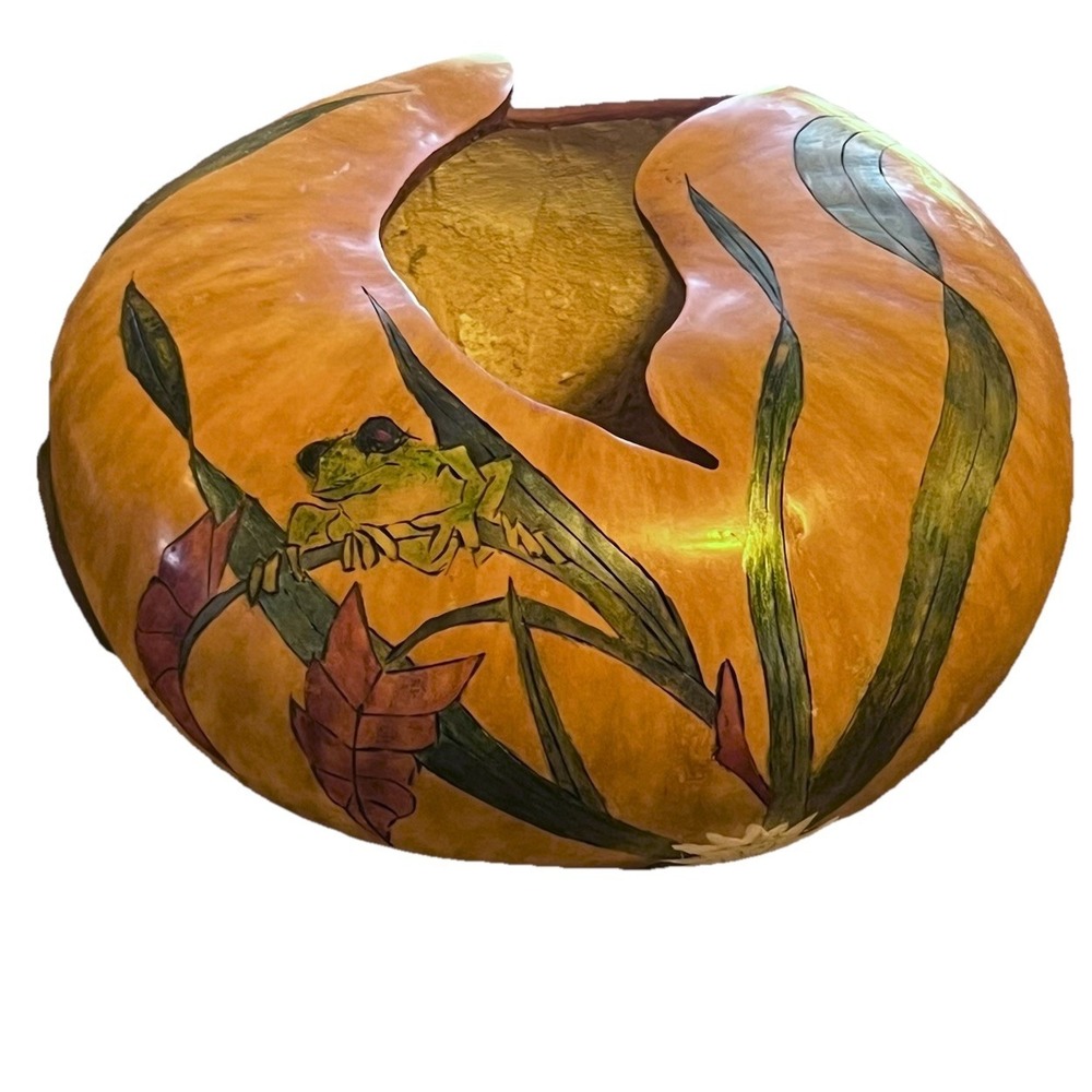 Vintage Hand Painted Carved Gourd‎ Frog Lily Pad Art Natural Decorative Dish